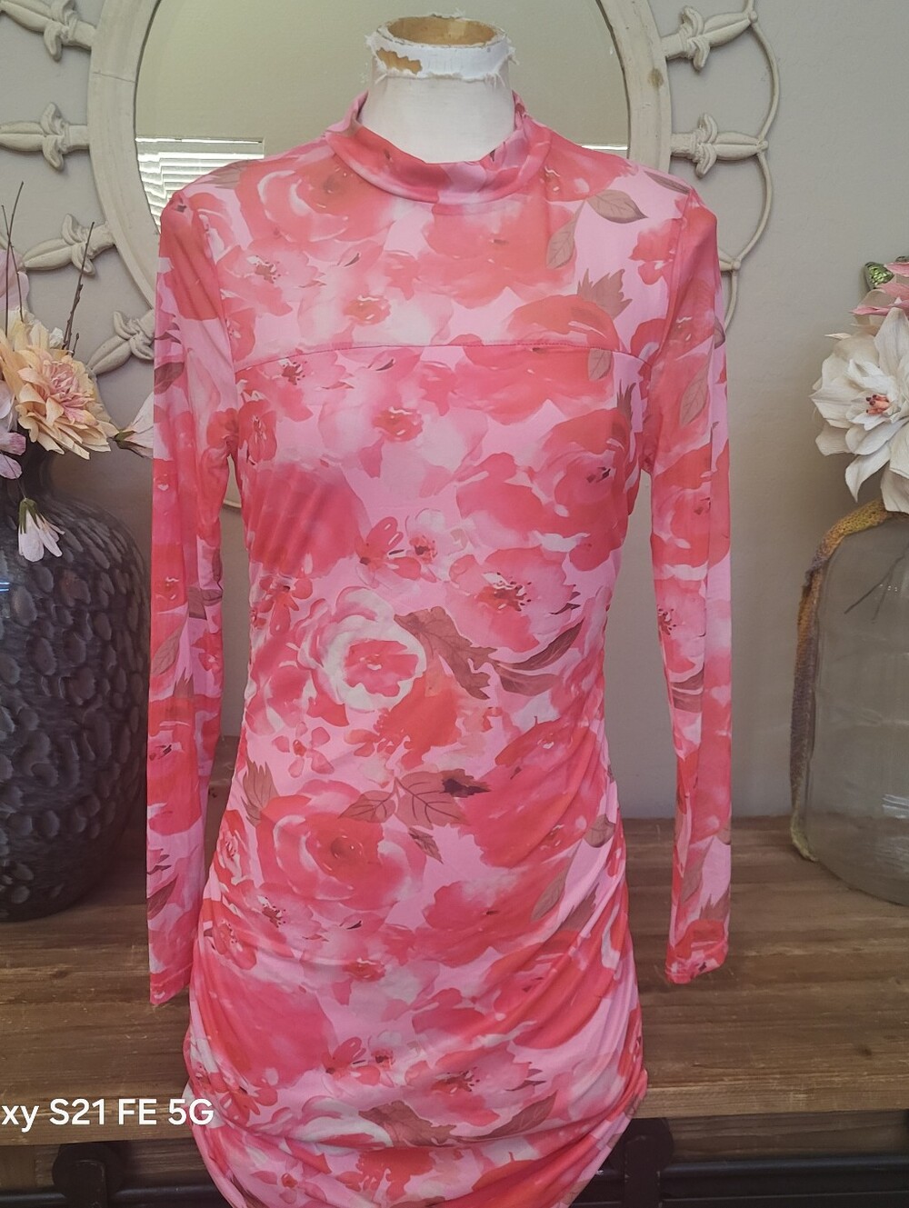 Floral Pink Long-Sleeve Mock Neck Dress